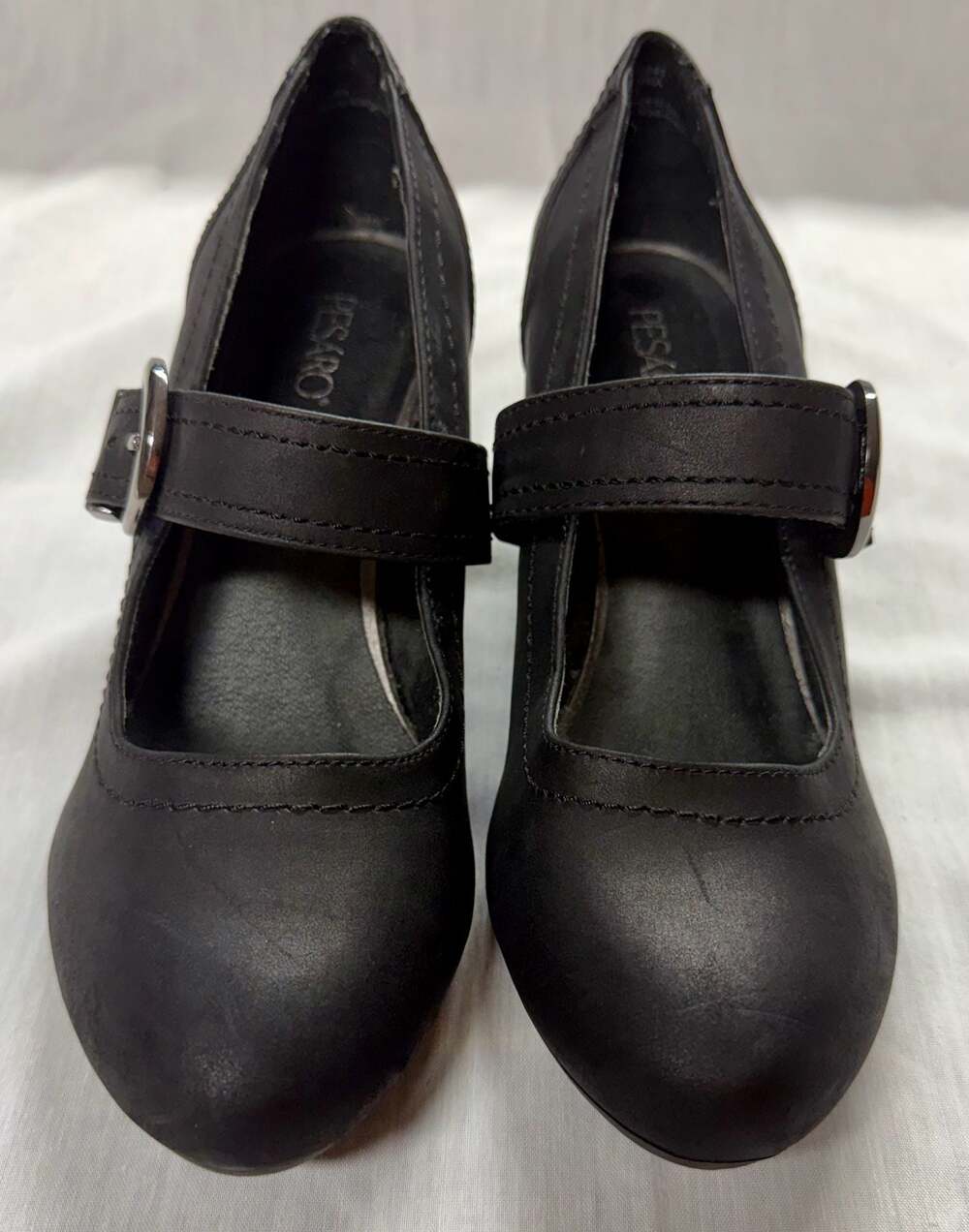 Pesaro Black Leather Buckle Mary Jane Block Heel Pumps